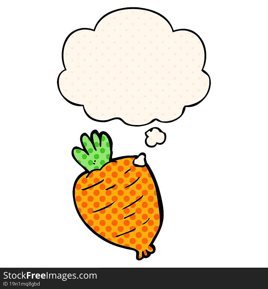 cartoon root vegetable with thought bubble in comic book style