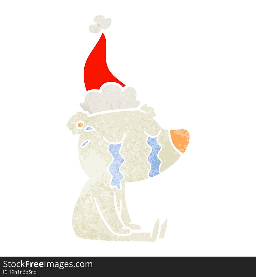 retro cartoon of a crying sitting polar bear wearing santa hat