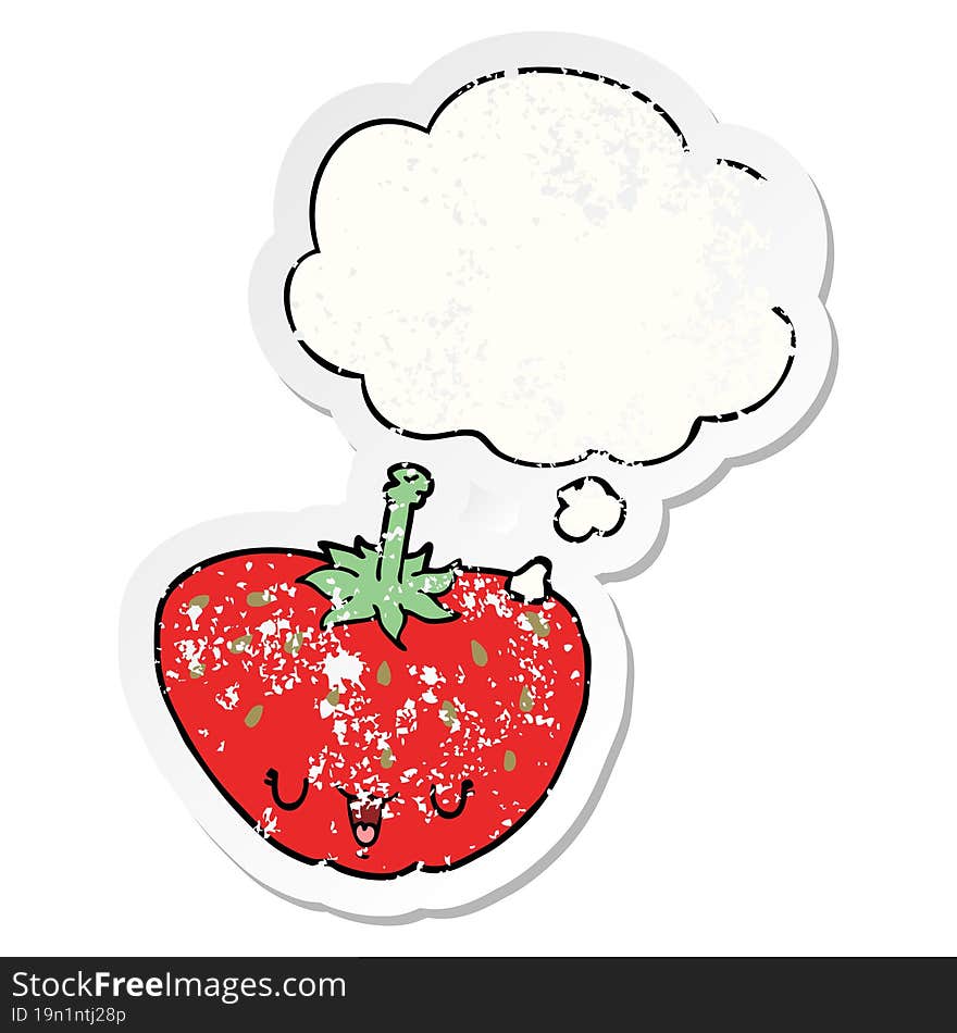 cartoon strawberry and thought bubble as a distressed worn sticker