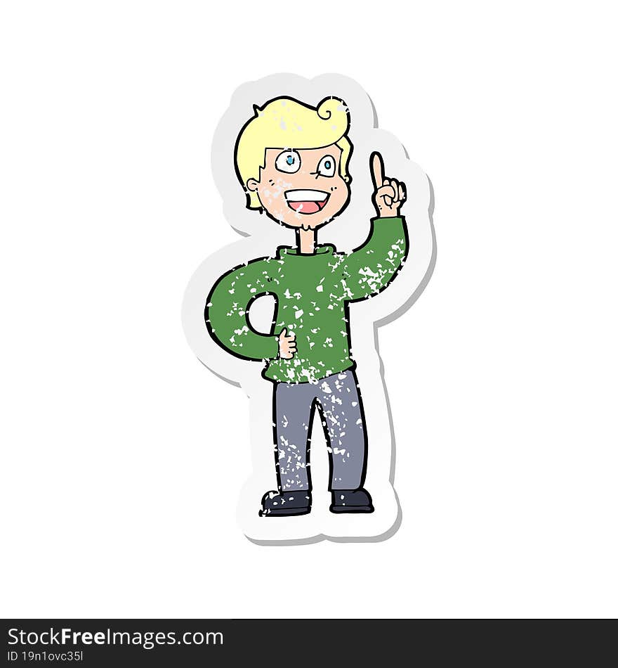 Retro Distressed Sticker Of A Cartoon Boy With Great Idea