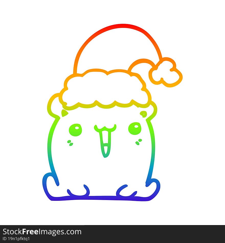 rainbow gradient line drawing cute cartoon bear with christmas hat