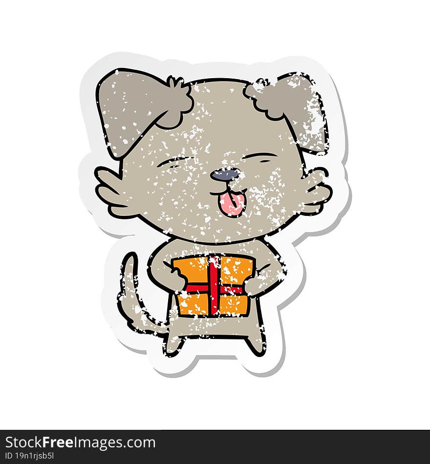 distressed sticker of a cartoon dog with christmas present