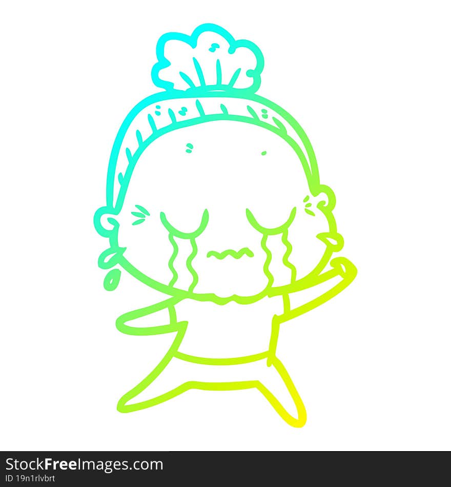 Cold Gradient Line Drawing Cartoon Crying Old Lady