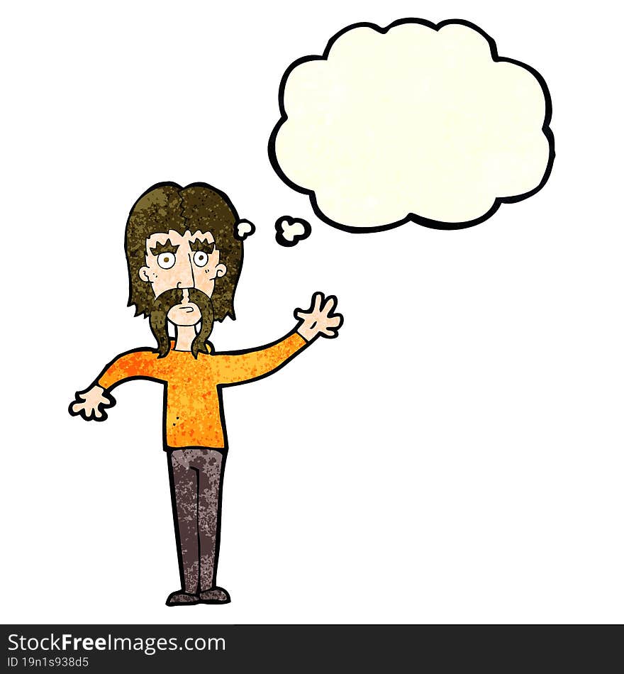 cartoon waving man with mustache with thought bubble