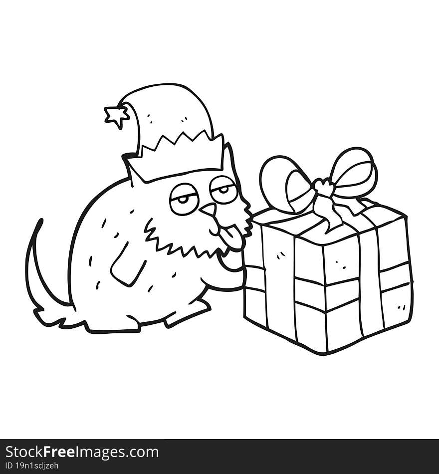 black and white cartoon cat with present