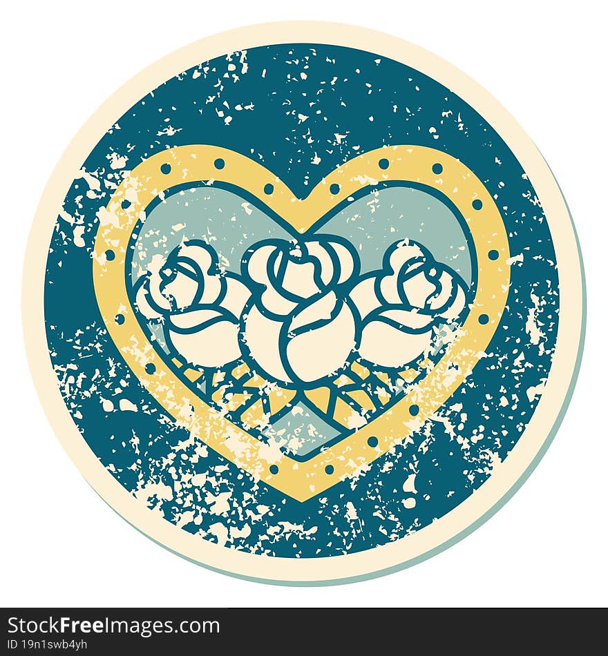 iconic distressed sticker tattoo style image of a heart and flowers. iconic distressed sticker tattoo style image of a heart and flowers