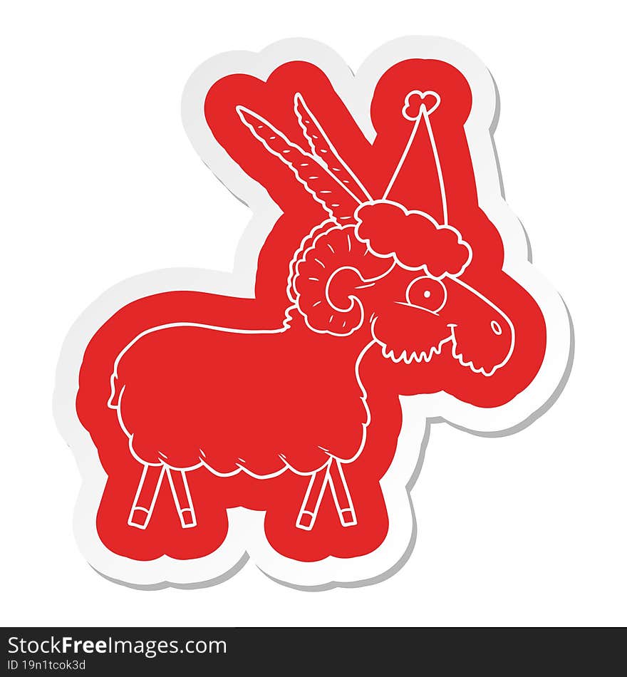 quirky cartoon  sticker of a goat wearing santa hat