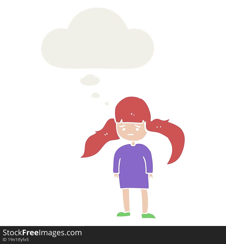 cartoon girl with long hair with thought bubble in retro style