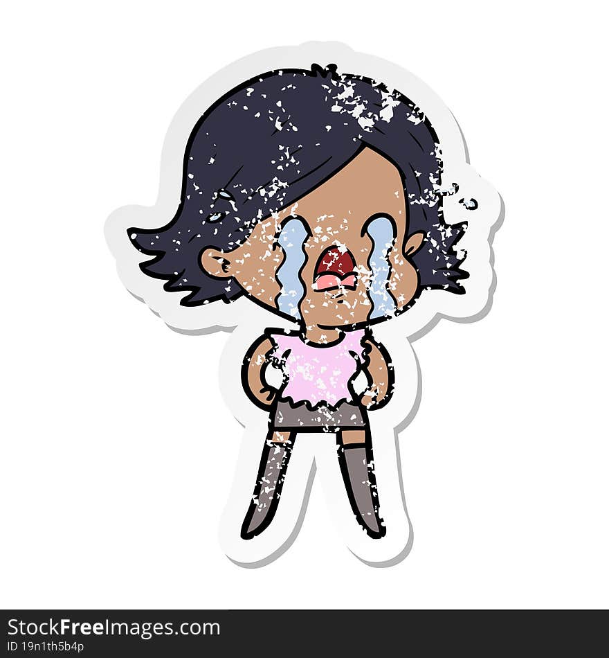 distressed sticker of a cartoon woman crying