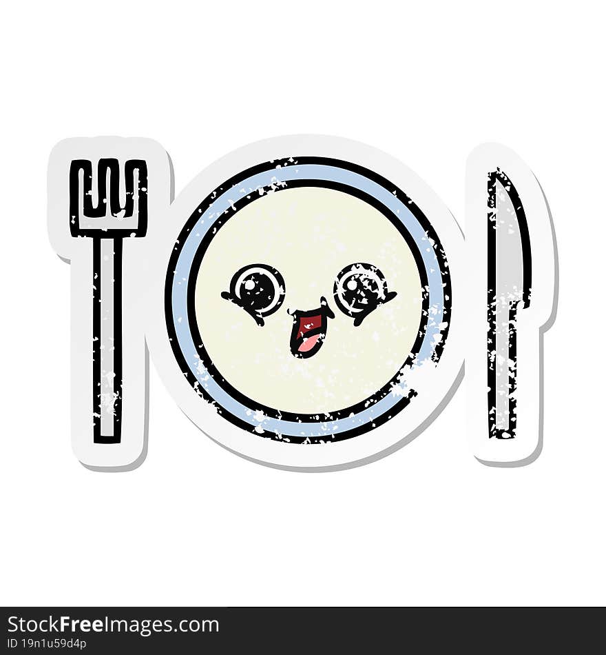 Distressed Sticker Of A Cute Cartoon Dinner Plate