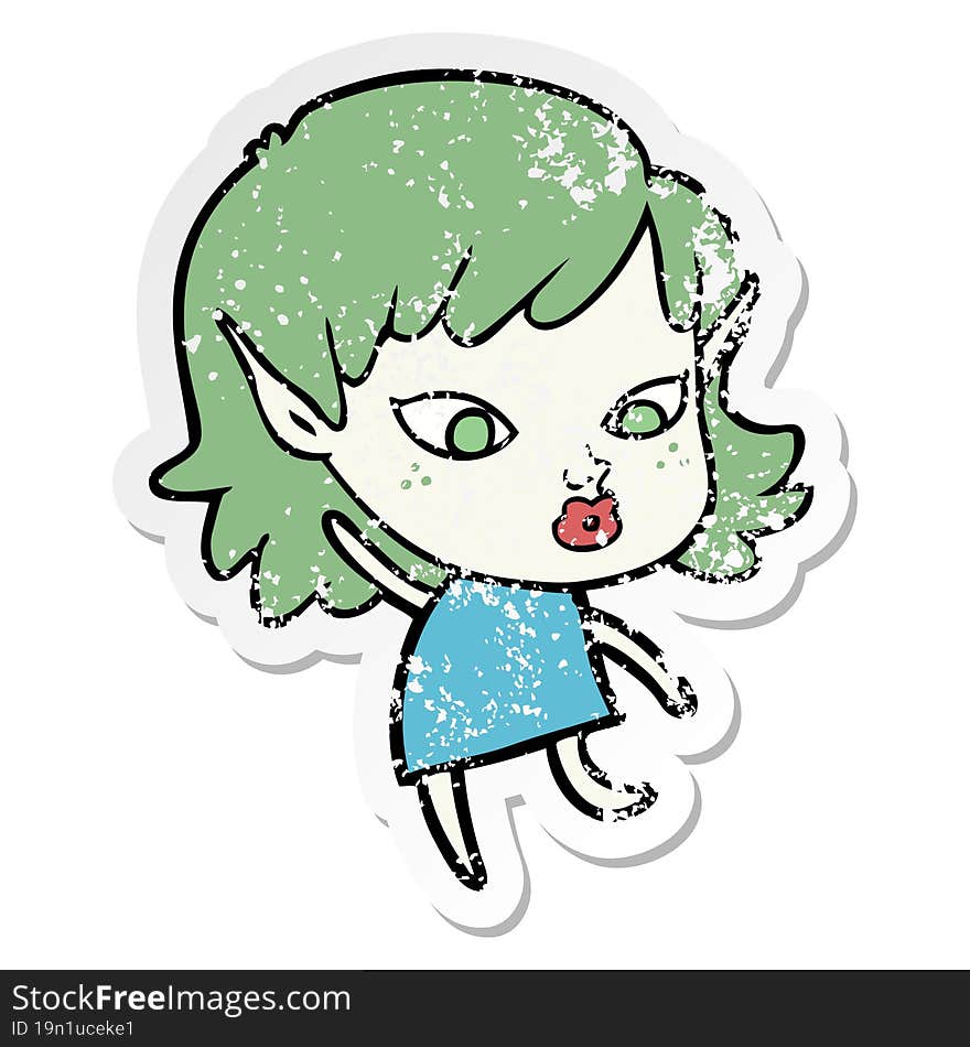 distressed sticker of a pretty cartoon elf girl