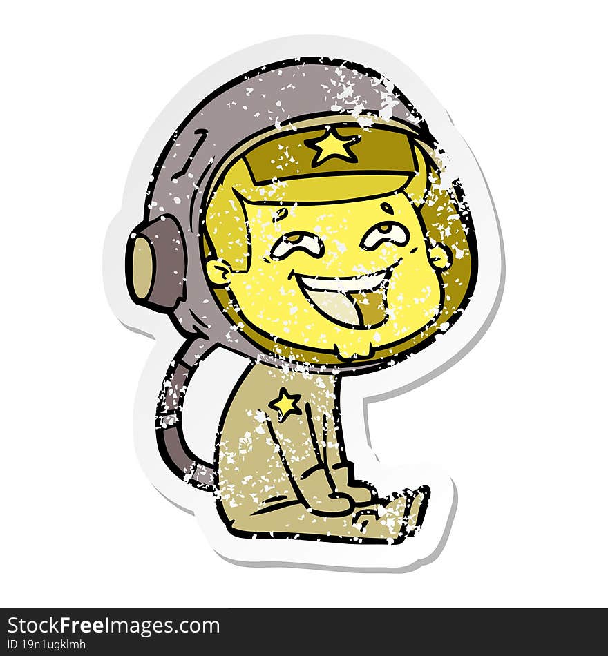 distressed sticker of a cartoon laughing astronaut