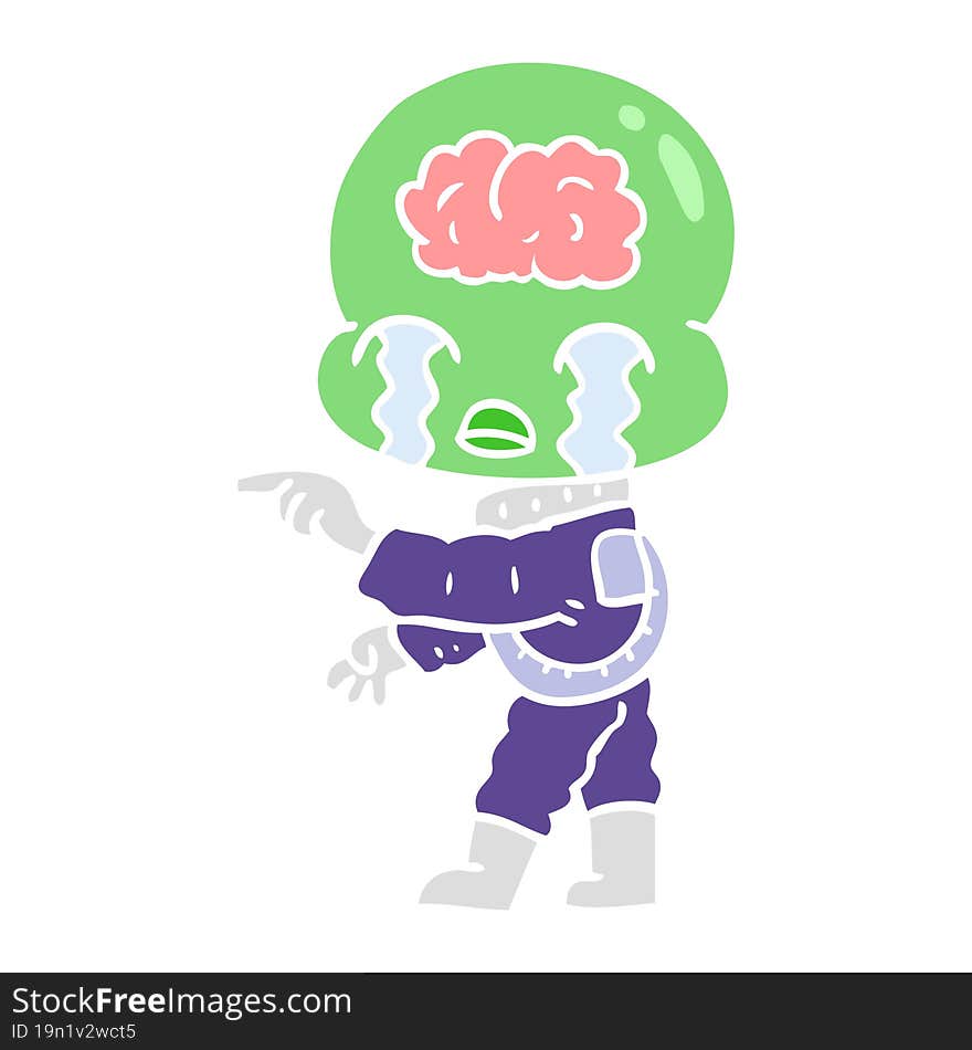 flat color style cartoon big brain alien crying and pointing