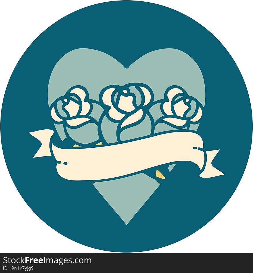 Tattoo Style Icon Of A Heart And Banner With Flowers