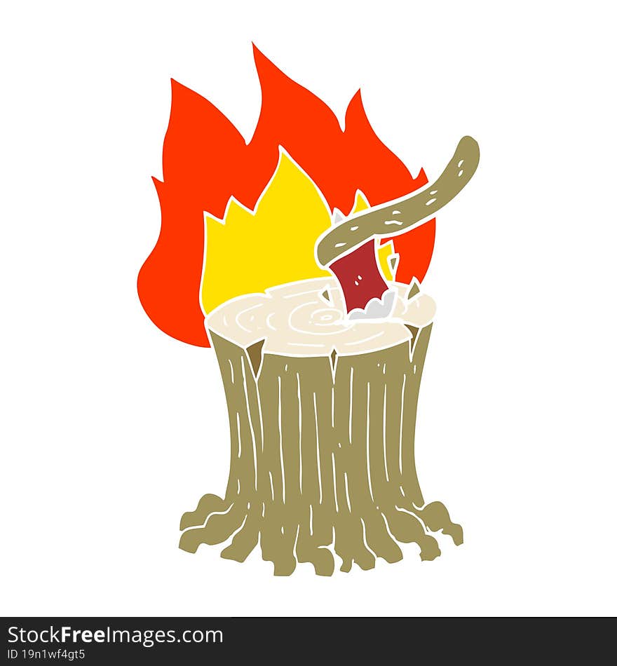 flat color illustration of a cartoon axe in a flaming tree stump