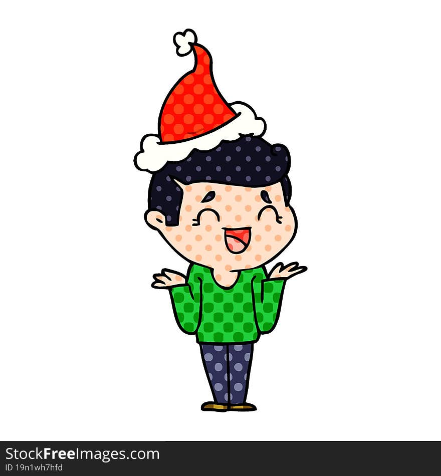 comic book style illustration of a laughing confused man wearing santa hat