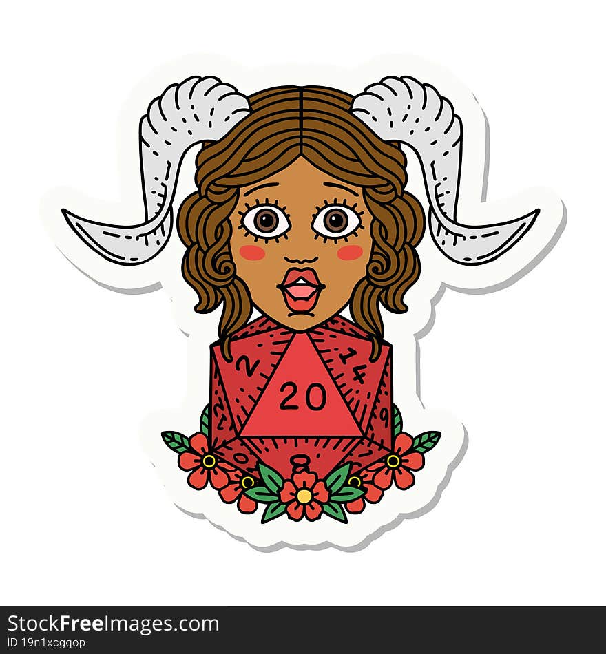 tiefling with D20 natural twenty dice roll sticker