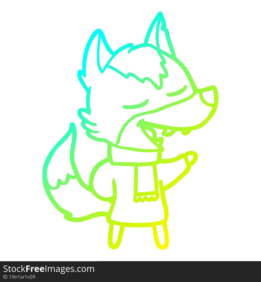 cold gradient line drawing of a cartoon wolf in scarf laughing