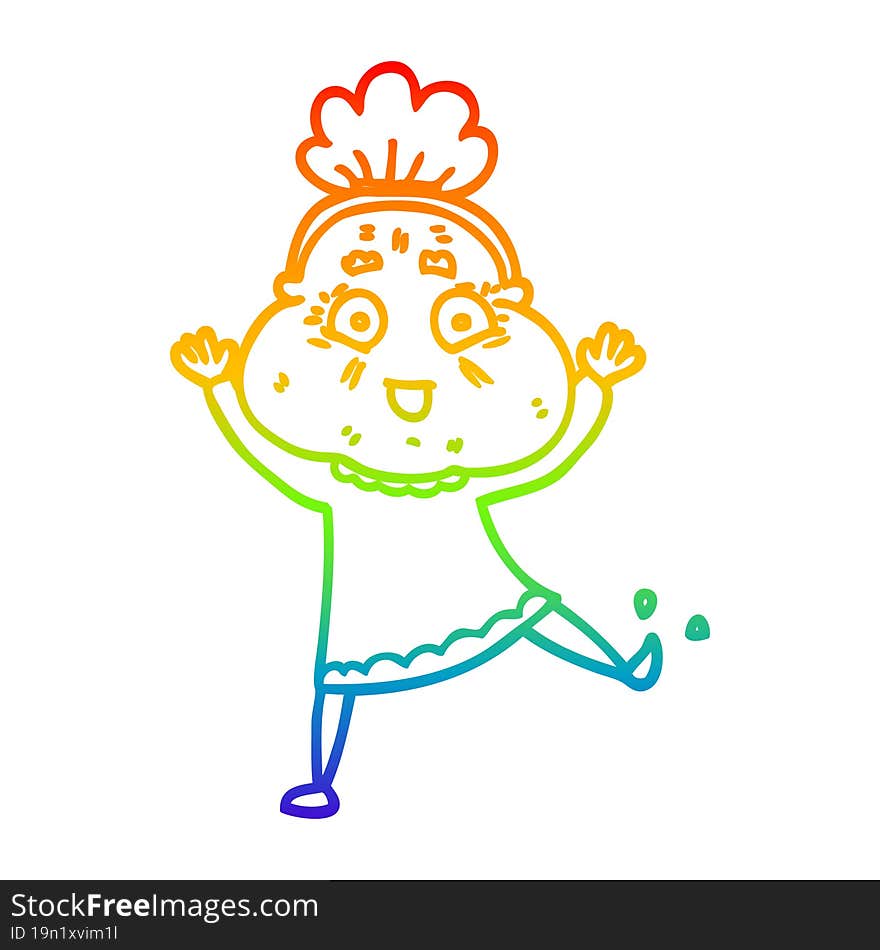 rainbow gradient line drawing of a cartoon dancing old lady