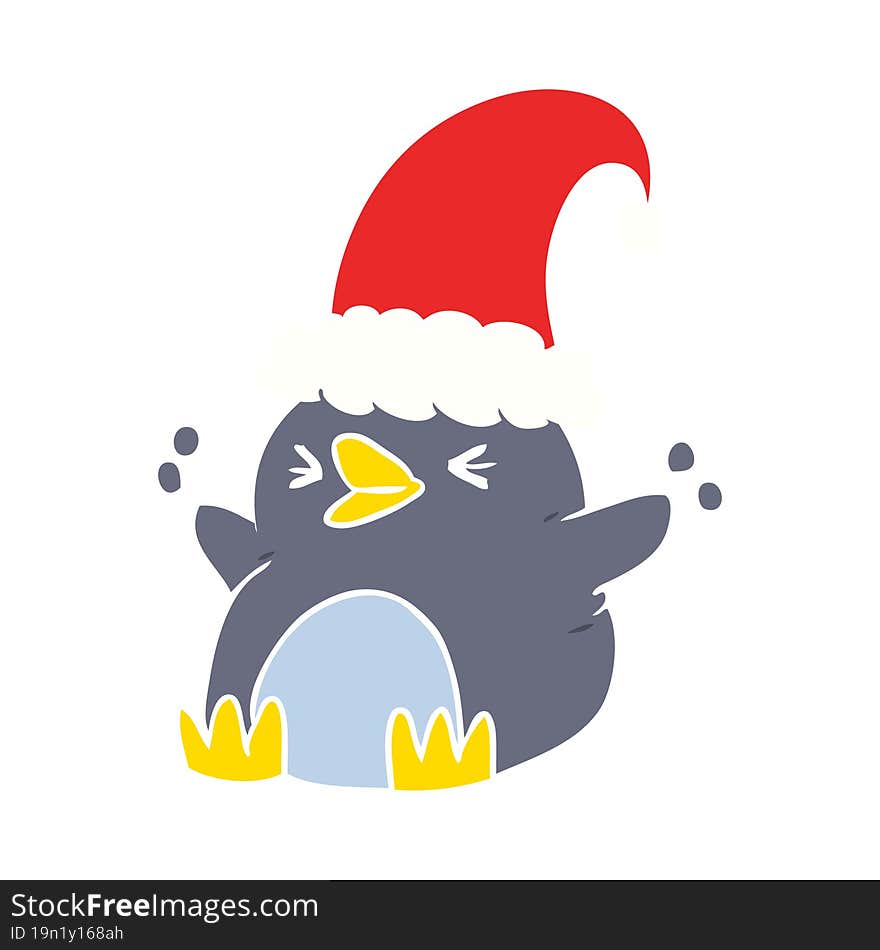 flat color style cartoon penguin wearing christmas hat