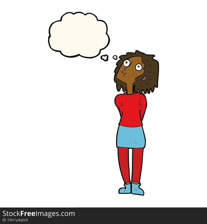 cartoon curious woman with thought bubble