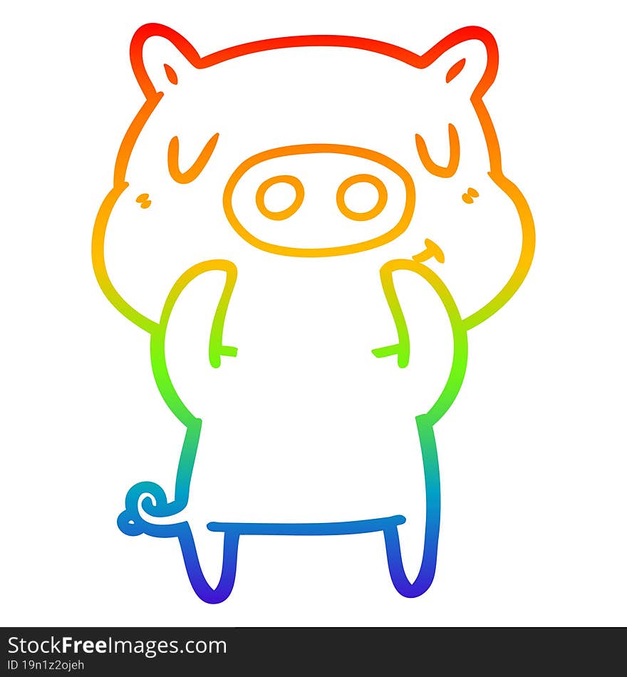 rainbow gradient line drawing of a cartoon content pig