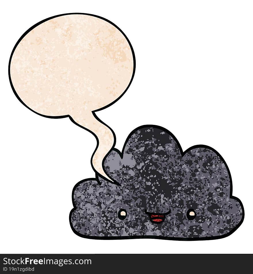 cartoon tiny happy cloud and speech bubble in retro texture style