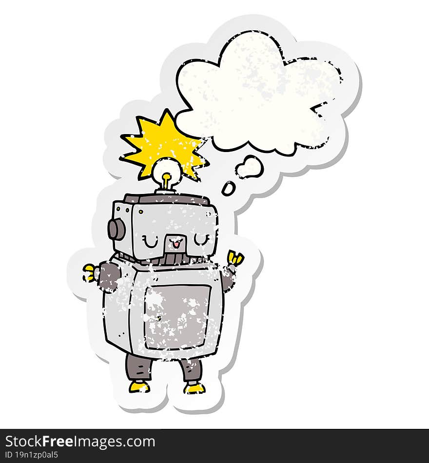 cartoon robot with thought bubble as a distressed worn sticker