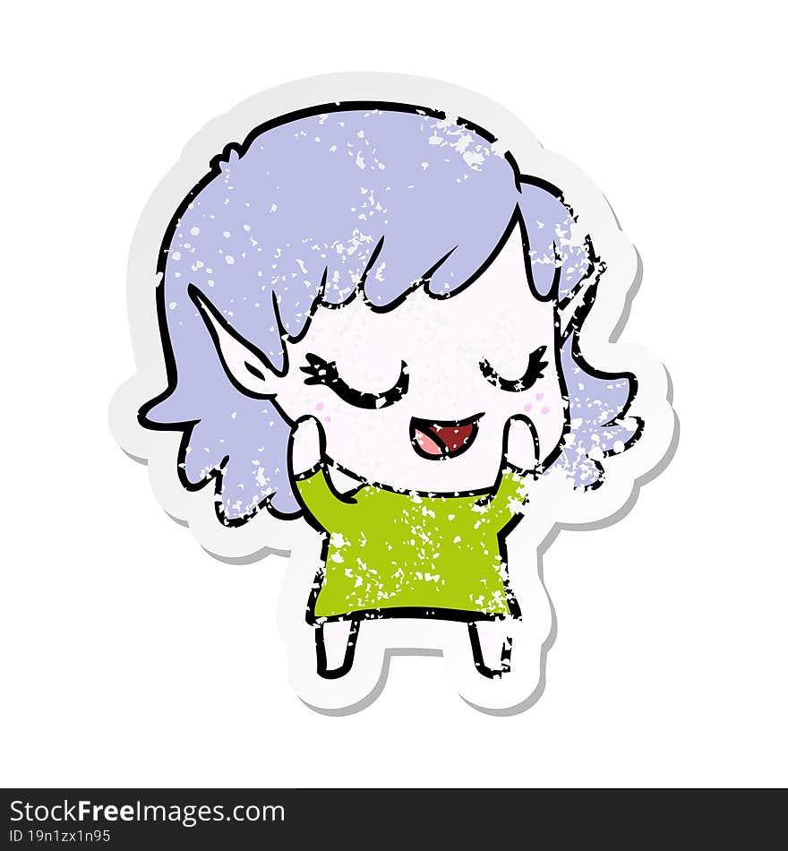 distressed sticker of a happy cartoon elf girl