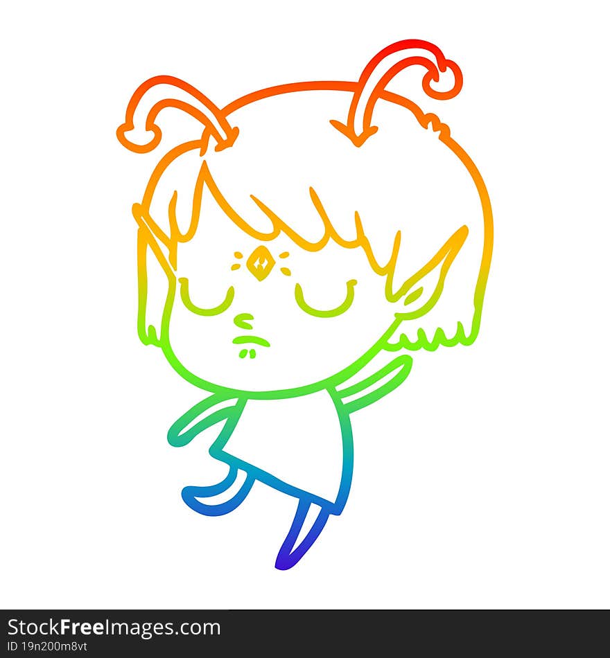 rainbow gradient line drawing of a cartoon alien girl