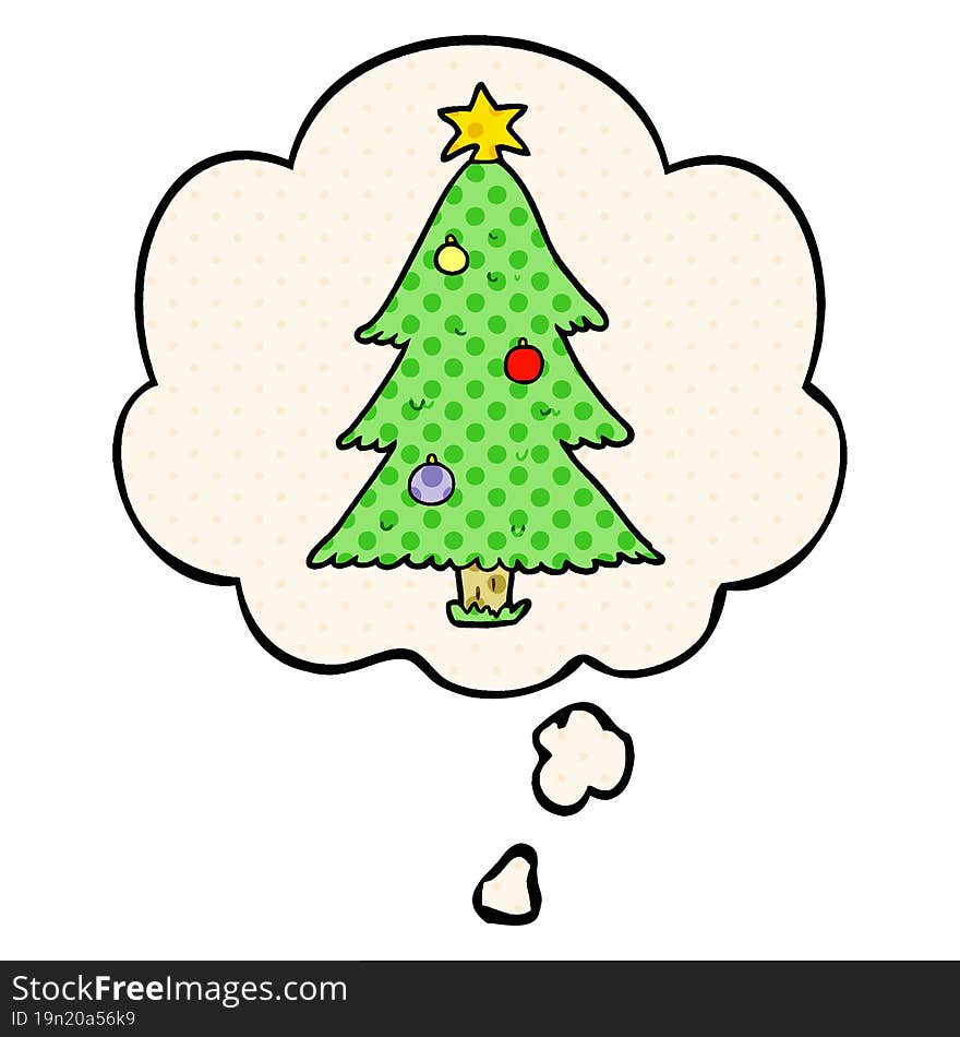 cartoon christmas tree and thought bubble in comic book style