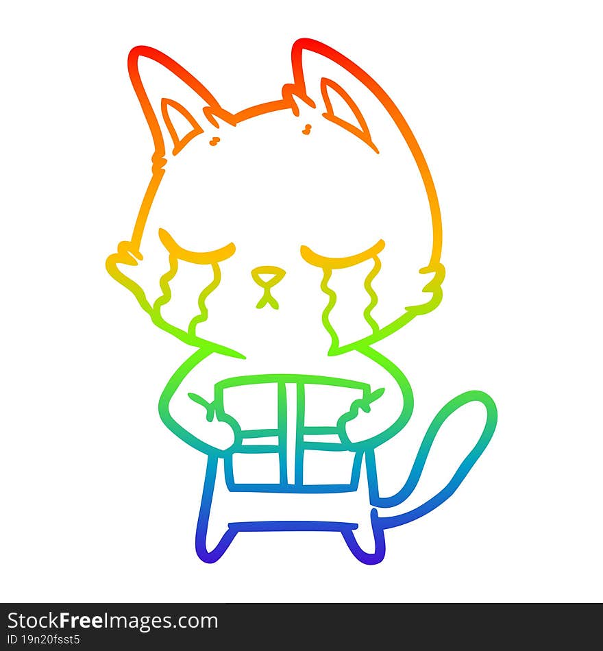 rainbow gradient line drawing crying cartoon cat holding christmas present