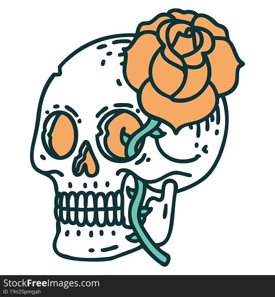 iconic tattoo style image of a skull and rose. iconic tattoo style image of a skull and rose