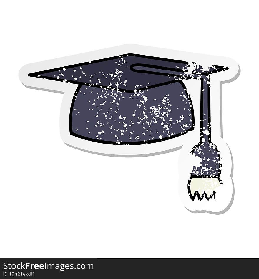 distressed sticker of a cute cartoon graduation hat