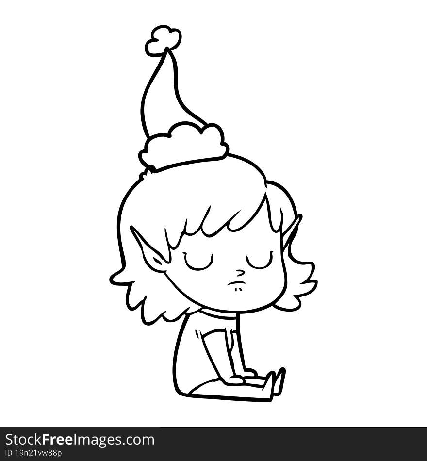 hand drawn line drawing of a elf girl wearing santa hat