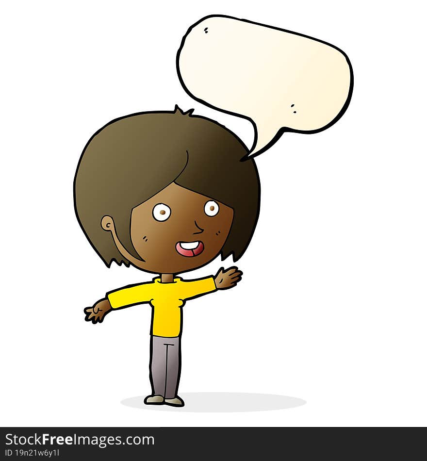 Cartoon Happy Girl Waving With Speech Bubble