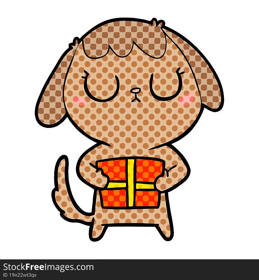 cute cartoon dog with christmas present. cute cartoon dog with christmas present