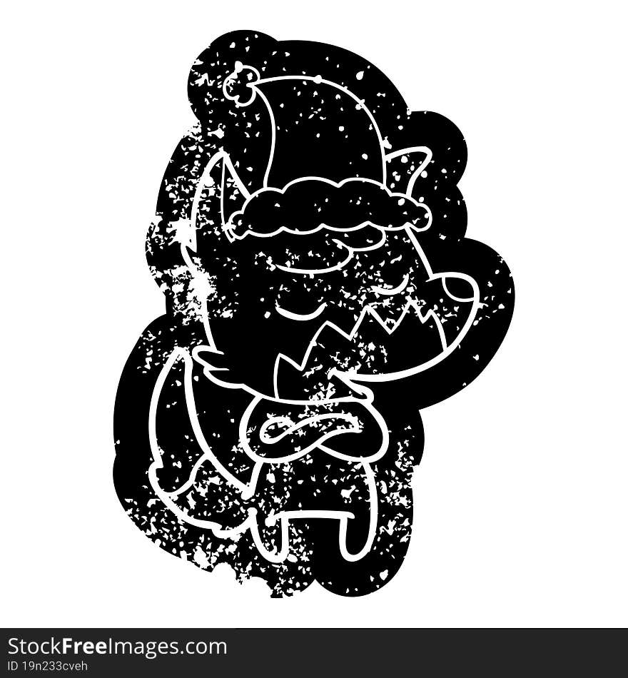 Friendly Cartoon Distressed Icon Of A Fox Wearing Santa Hat