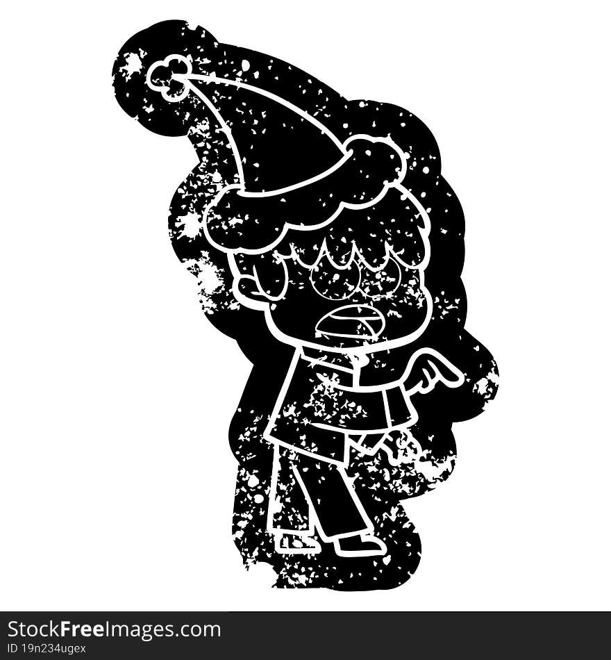 Worried Cartoon Distressed Icon Of A Boy Wearing Santa Hat