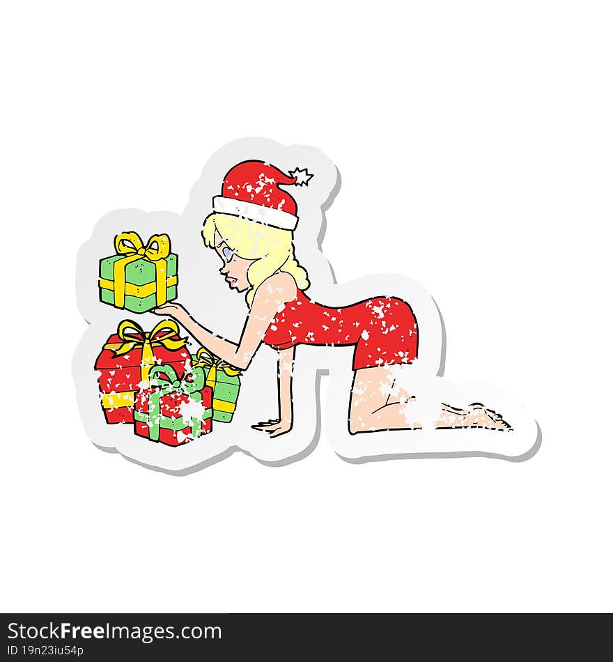 retro distressed sticker of a cartoon woman opening presents