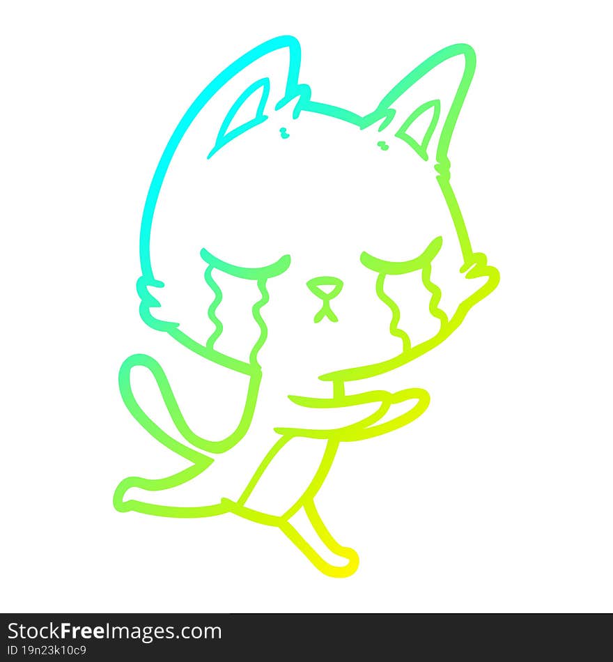 cold gradient line drawing crying cartoon cat running