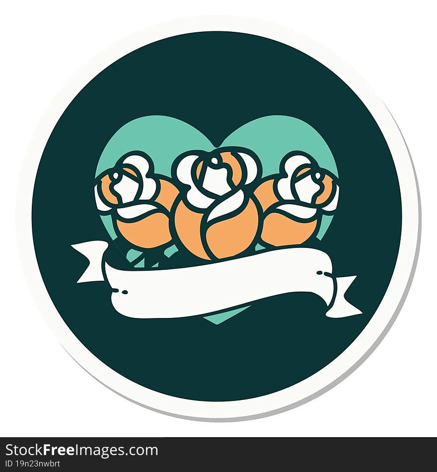 sticker of tattoo in traditional style of a heart and banner with flowers. sticker of tattoo in traditional style of a heart and banner with flowers