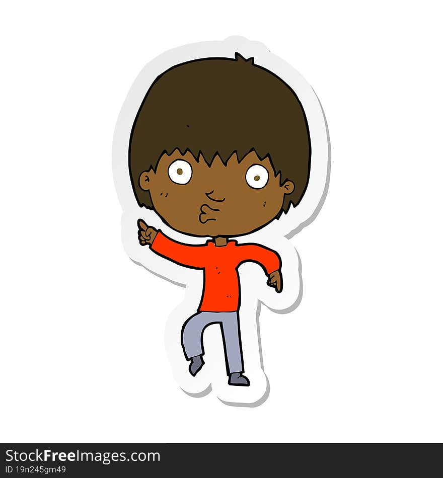 sticker of a cartoon impressed boy pointing