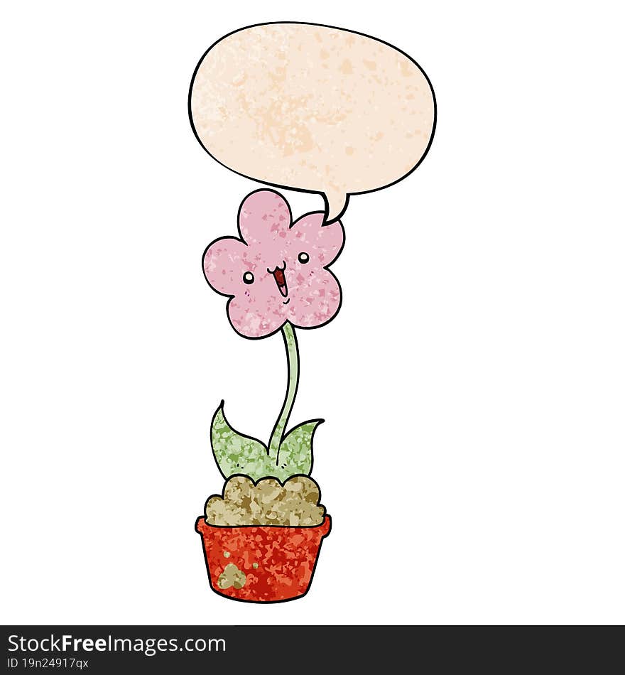 cute cartoon flower with speech bubble in retro texture style