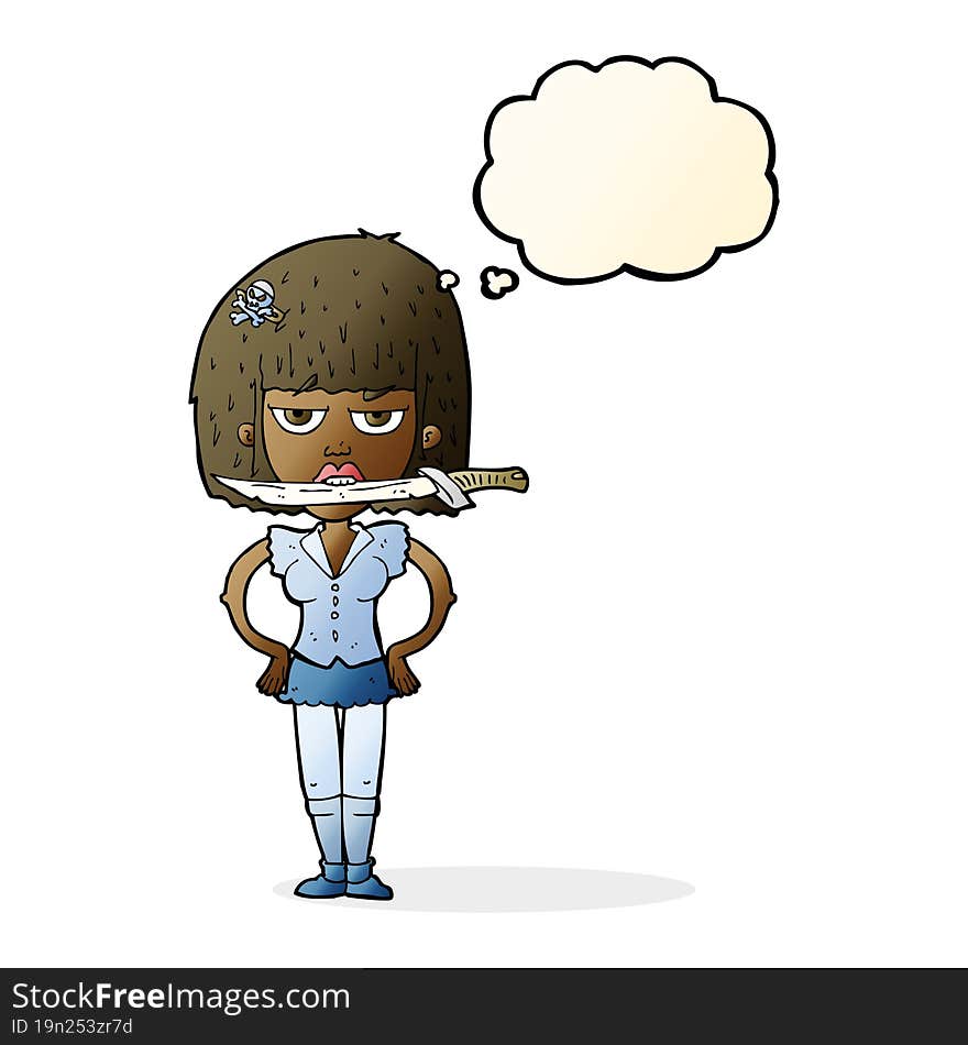 cartoon woman with knife between teeth with thought bubble