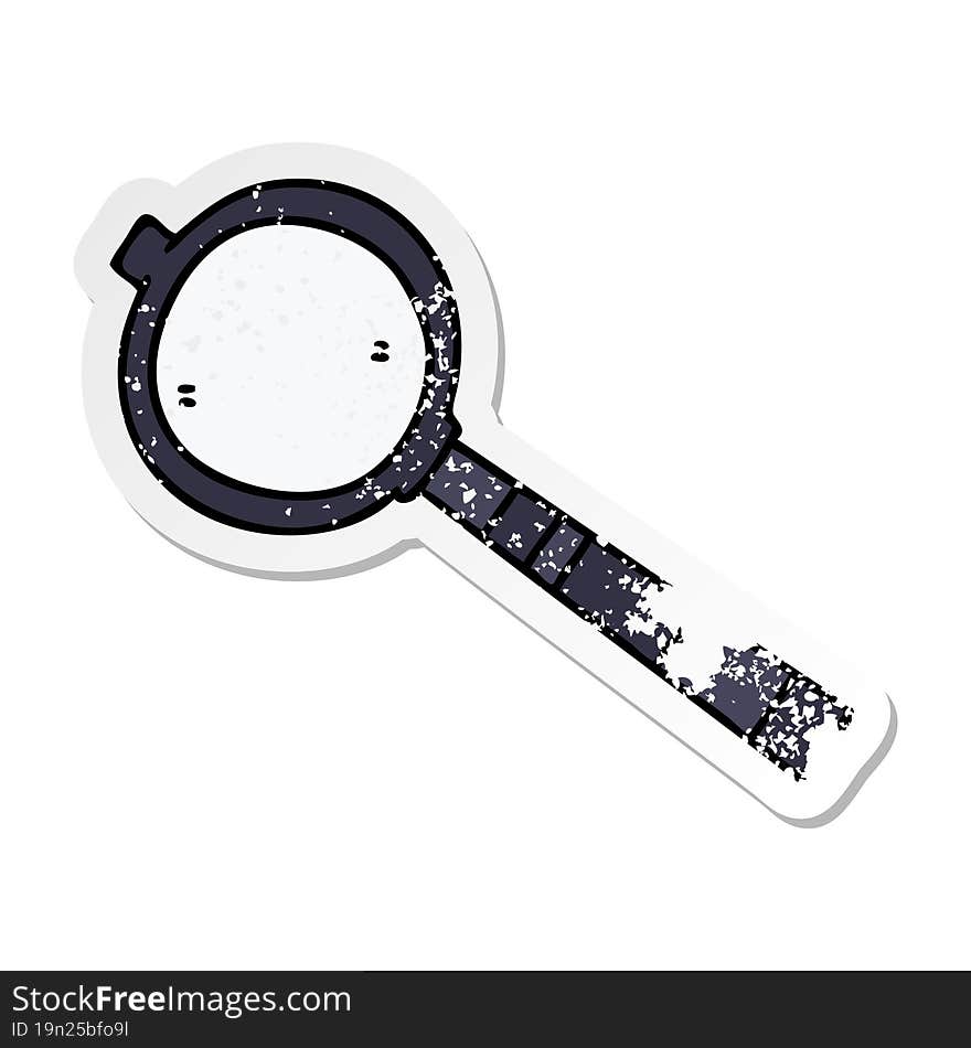 distressed sticker of a quirky hand drawn cartoon magnifying glass