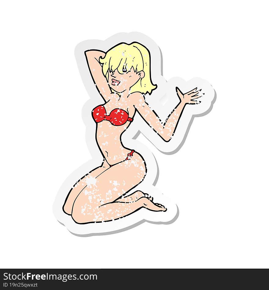 retro distressed sticker of a cartoon sexy bikini girl