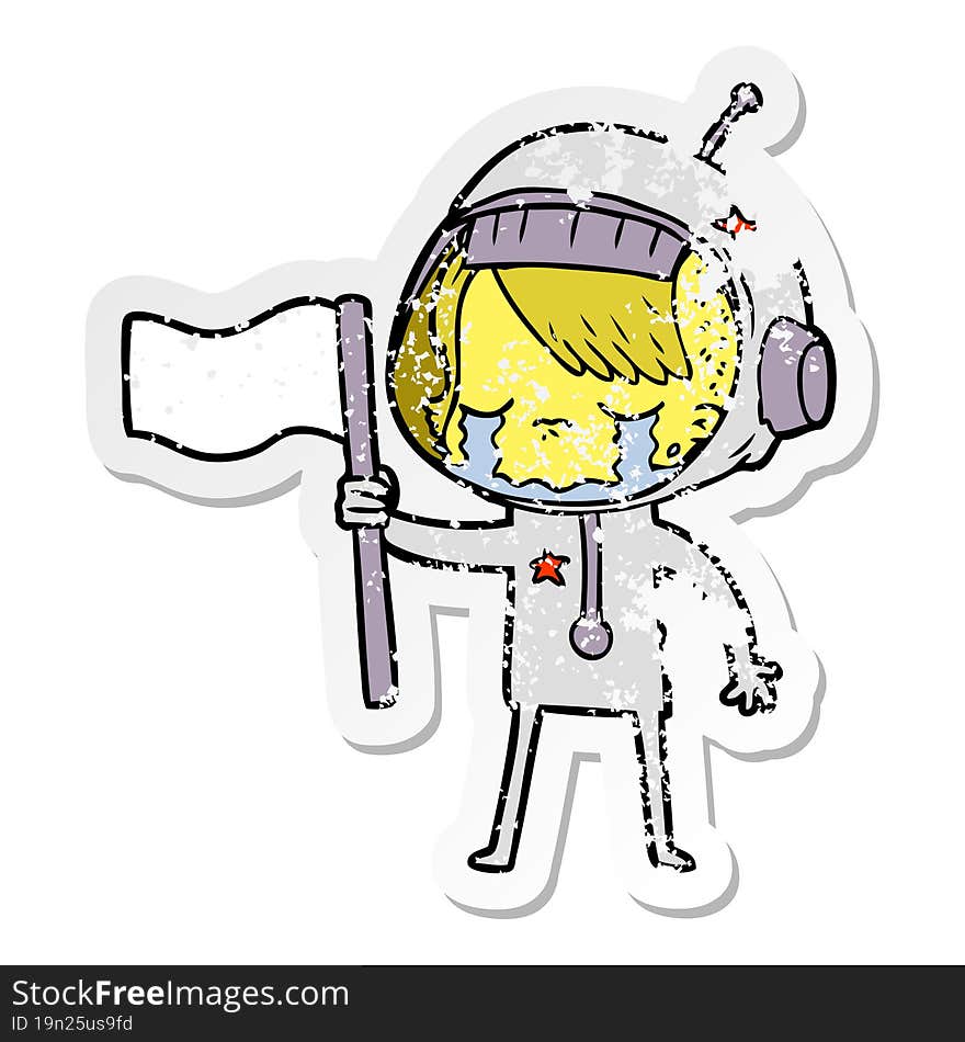 distressed sticker of a cartoon crying astronaut girl