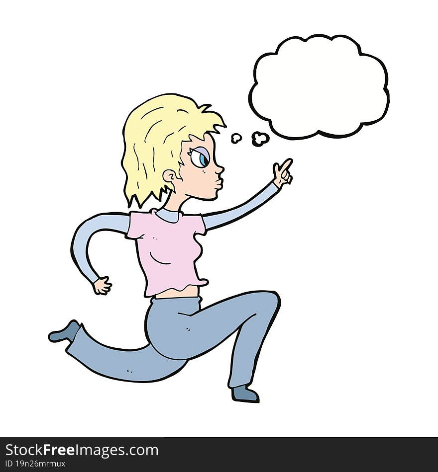 cartoon woman running and pointing with thought bubble