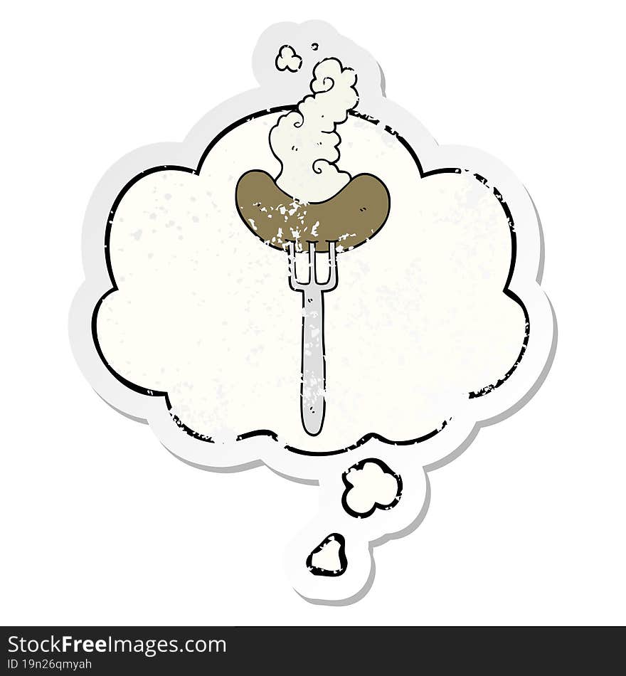 Cartoon Sausage On Fork And Thought Bubble As A Distressed Worn Sticker